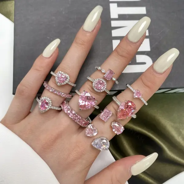 Dylam Luxury Wedding Zirconia Gemstone Jewelry Plated Rhodium Pink Diamond Heart-Shaped Engagement 925 Sterling Silver Rings