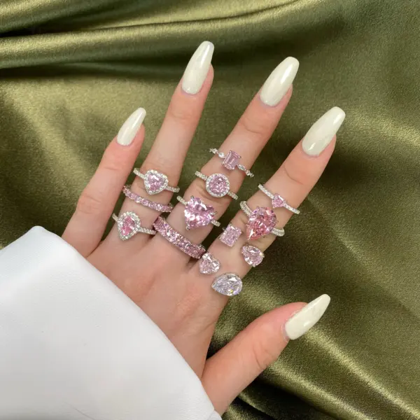 Dylam Luxury Wedding Zirconia Gemstone Jewelry Plated Rhodium Pink Diamond Heart-Shaped Engagement 925 Sterling Silver Rings