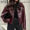 OOTN Autumn Winter Burgundy Ladies Jacket Leather Lapel Warm Coat Fashion Women Simple Burgundy PU Jacket Coat With Zip