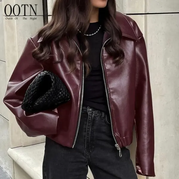 OOTN Autumn Winter Burgundy Ladies Jacket Leather Lapel Warm Coat Fashion Women Simple Burgundy PU Jacket Coat With Zip