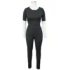 Custom LOGO Lounge Wear Women Clothing 2024 Solid Knitted Ribbed Two Piece Set Women Short Sleeves Skinny Pant Set