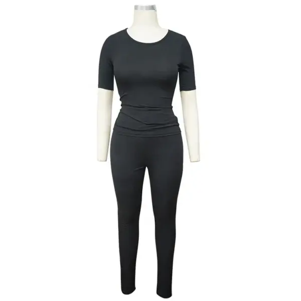 Custom LOGO Lounge Wear Women Clothing 2024 Solid Knitted Ribbed Two Piece Set Women Short Sleeves Skinny Pant Set