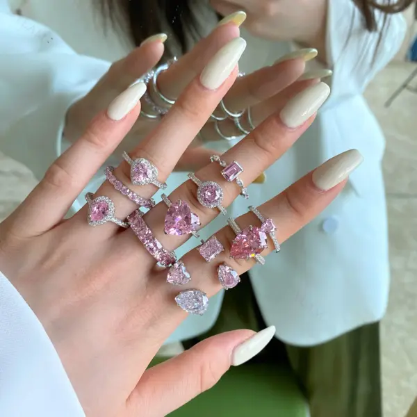 Dylam Luxury Wedding Zirconia Gemstone Jewelry Plated Rhodium Pink Diamond Heart-Shaped Engagement 925 Sterling Silver Rings