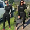 Custom Logo Women Clothing Women's 2 Pieces Outfits Solid Ribbed Cropped Long Sleeves Shirt Legging Pants Set Sweatsuit Set