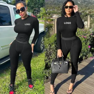 Custom Logo Women Clothing Women's 2 Pieces Outfits Solid Ribbed Cropped Long Sleeves Shirt Legging Pants Set Sweatsuit Set