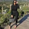 Custom Logo Women Clothing Women's 2 Pieces Outfits Solid Ribbed Cropped Long Sleeves Shirt Legging Pants Set Sweatsuit Set