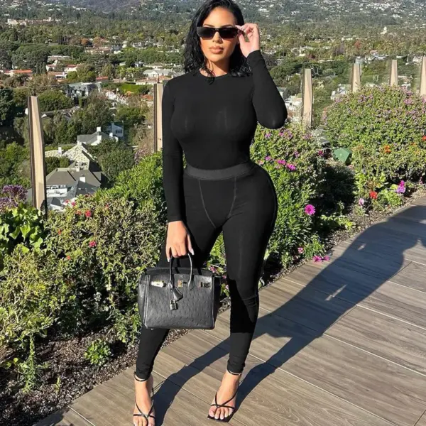 Custom Logo Women Clothing Women's 2 Pieces Outfits Solid Ribbed Cropped Long Sleeves Shirt Legging Pants Set Sweatsuit Set