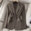 Women Lady Suit Coat Long Sleeve with Belt Office Lady Jacket Solid Color Tops Suit Lapel Lapel V-neck Elegant Coat
