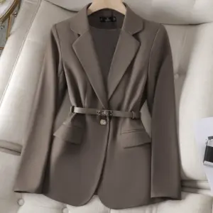 Women Lady Suit Coat Long Sleeve with Belt Office Lady Jacket Solid Color Tops Suit Lapel Lapel V-neck Elegant Coat