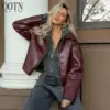 OOTN Autumn Winter Burgundy Ladies Jacket Leather Lapel Warm Coat Fashion Women Simple Burgundy PU Jacket Coat With Zip