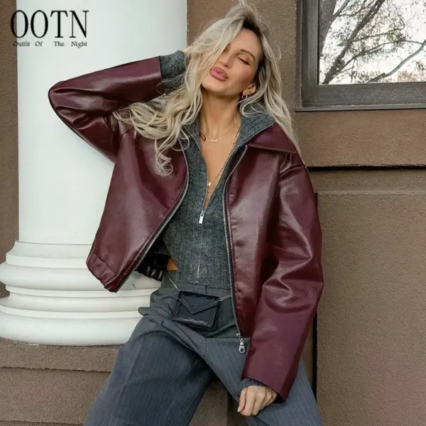 OOTN Autumn Winter Burgundy Ladies Jacket Leather Lapel Warm Coat Fashion Women Simple Burgundy PU Jacket Coat With Zip