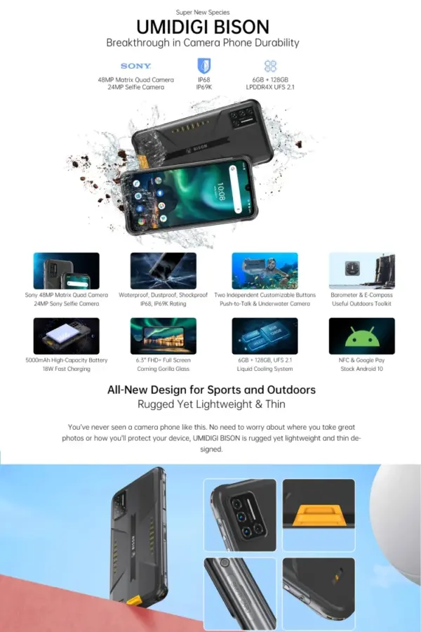 New Arrival 2021 Original Android Smart Phone UMIDIGI BISON 8GB+128GB 6.3inch Rugged Waterproof Dustproof Shockproof Cell Phone