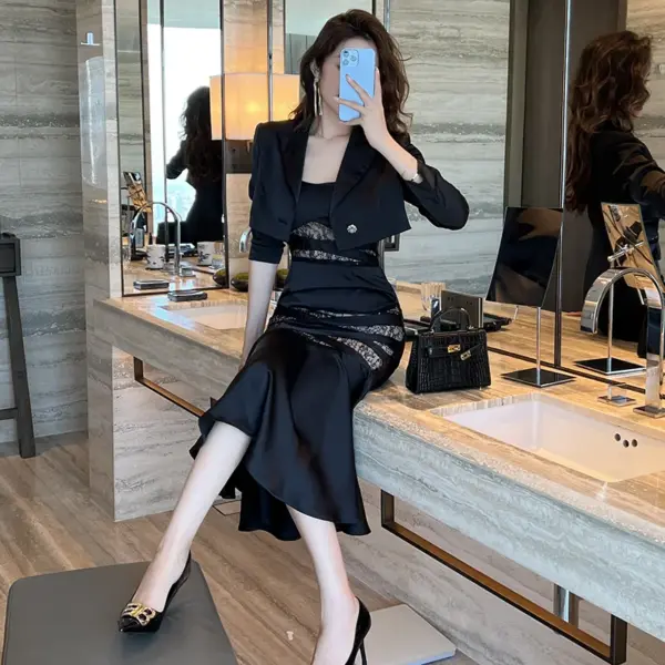 ZYHT 10206 Trending Products 2025 Ladies Two Piece Set Black Women Clothing Spaghetti Strap Long Dress