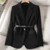 Women Lady Suit Coat Long Sleeve with Belt Office Lady Jacket Solid Color Tops Suit Lapel Lapel V-neck Elegant Coat