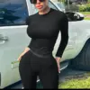 Custom Logo Women Clothing Women's 2 Pieces Outfits Solid Ribbed Cropped Long Sleeves Shirt Legging Pants Set Sweatsuit Set