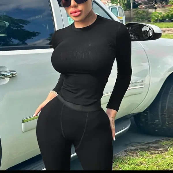 Custom Logo Women Clothing Women's 2 Pieces Outfits Solid Ribbed Cropped Long Sleeves Shirt Legging Pants Set Sweatsuit Set