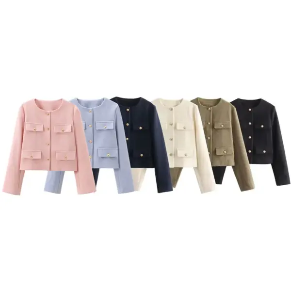 Women 2024 Autumn Winter Small Fragrance Fashion Coat Button-Decorated Round Neck Solid Color Short Suit Jacket