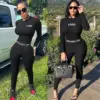 Custom Logo Women Clothing Women's 2 Pieces Outfits Solid Ribbed Cropped Long Sleeves Shirt Legging Pants Set Sweatsuit Set