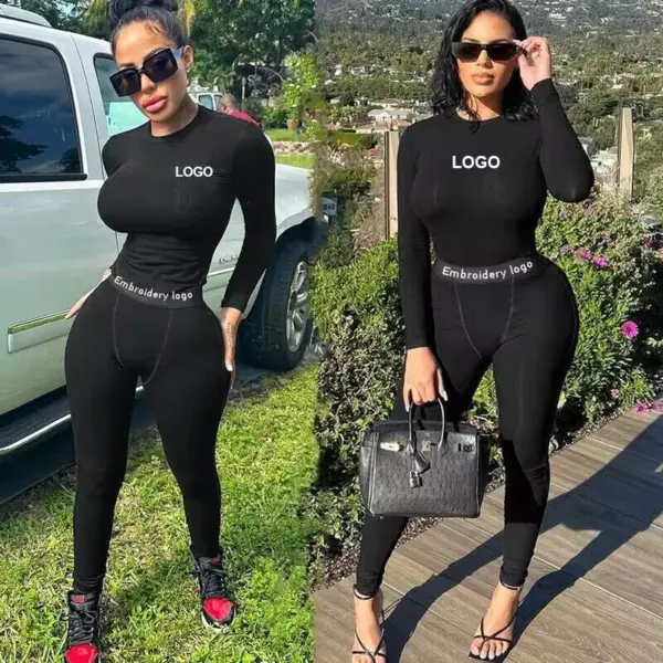 Custom Logo Women Clothing Women's 2 Pieces Outfits Solid Ribbed Cropped Long Sleeves Shirt Legging Pants Set Sweatsuit Set