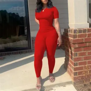 Custom LOGO Lounge Wear Women Clothing 2024 Solid Knitted Ribbed Two Piece Set Women Short Sleeves Skinny Pant Set