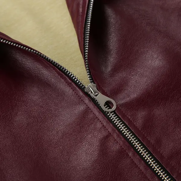 OOTN Autumn Winter Burgundy Ladies Jacket Leather Lapel Warm Coat Fashion Women Simple Burgundy PU Jacket Coat With Zip