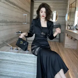 ZYHT 10206 Trending Products 2025 Ladies Two Piece Set Black Women Clothing Spaghetti Strap Long Dress