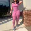 Custom LOGO Lounge Wear Women Clothing 2024 Solid Knitted Ribbed Two Piece Set Women Short Sleeves Skinny Pant Set