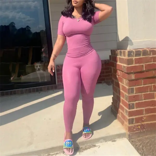 Custom LOGO Lounge Wear Women Clothing 2024 Solid Knitted Ribbed Two Piece Set Women Short Sleeves Skinny Pant Set