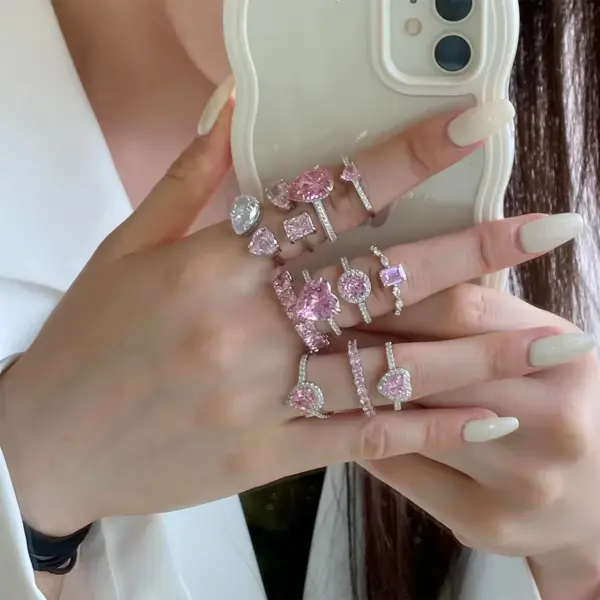 Dylam Luxury Wedding Zirconia Gemstone Jewelry Plated Rhodium Pink Diamond Heart-Shaped Engagement 925 Sterling Silver Rings