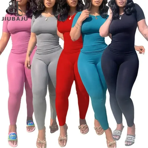 Custom LOGO Lounge Wear Women Clothing 2024 Solid Knitted Ribbed Two Piece Set Women Short Sleeves Skinny Pant Set