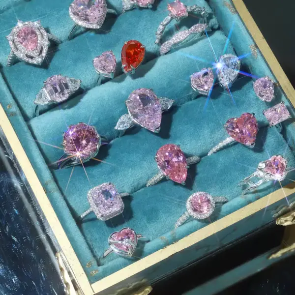 Dylam Luxury Wedding Zirconia Gemstone Jewelry Plated Rhodium Pink Diamond Heart-Shaped Engagement 925 Sterling Silver Rings