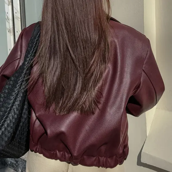 OOTN Autumn Winter Burgundy Ladies Jacket Leather Lapel Warm Coat Fashion Women Simple Burgundy PU Jacket Coat With Zip
