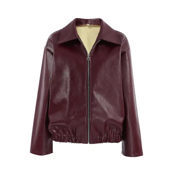 OOTN Autumn Winter Burgundy Ladies Jacket Leather Lapel Warm Coat Fashion Women Simple Burgundy PU Jacket Coat With Zip