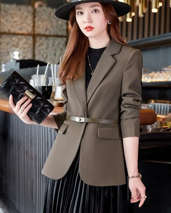 Women Lady Suit Coat Long Sleeve with Belt Office Lady Jacket Solid Color Tops Suit Lapel Lapel V-neck Elegant Coat