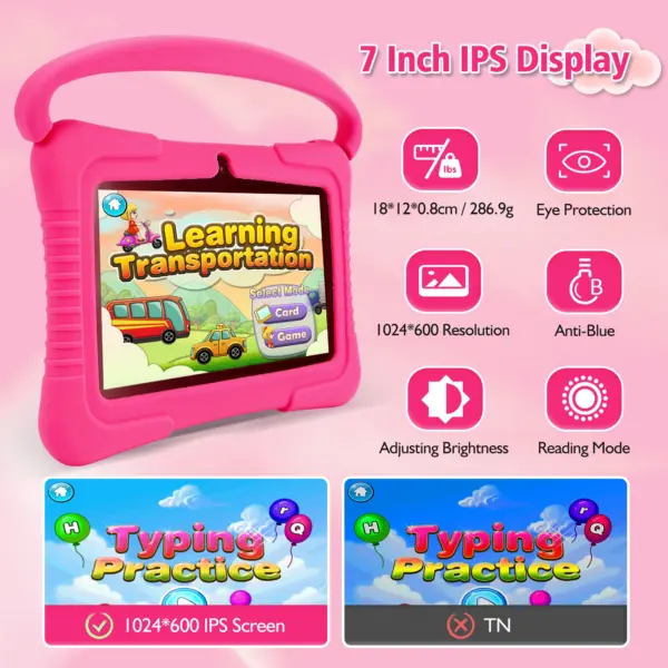 Tableta Android de 7 pulgadas para niños pequeños, económica, con control parental, WiFi, 2 GB, 32 GB, educativa, con funda a prueba de niños.