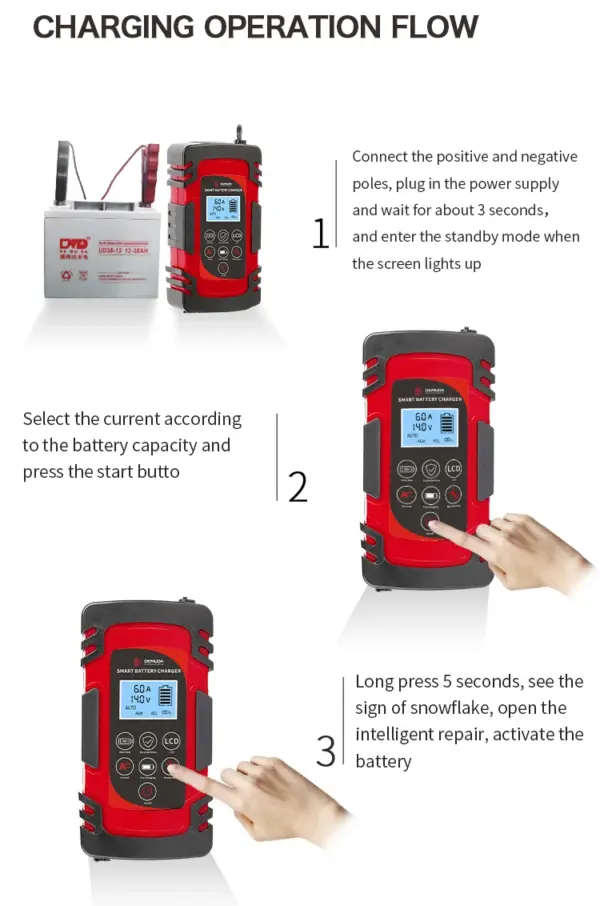 Demuda Manual Car Battery Chargers 4ah 6ah 8ah 12V 24V Smart Rechargeable AGM GEL RV Car Battery  Charger