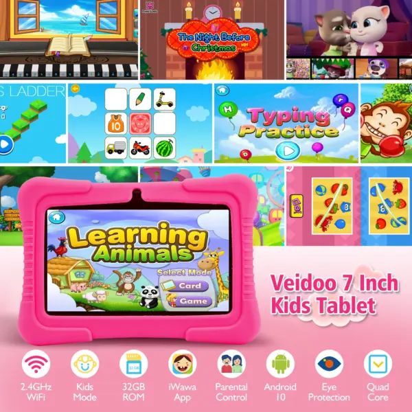 Tableta Android de 7 pulgadas para niños pequeños, económica, con control parental, WiFi, 2 GB, 32 GB, educativa, con funda a prueba de niños.