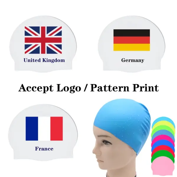 Stock Bulk 50g Silicone Waterproof Swim Cap Custom logo National Flag Print Swim Caps Sports Professional Swimming Cap