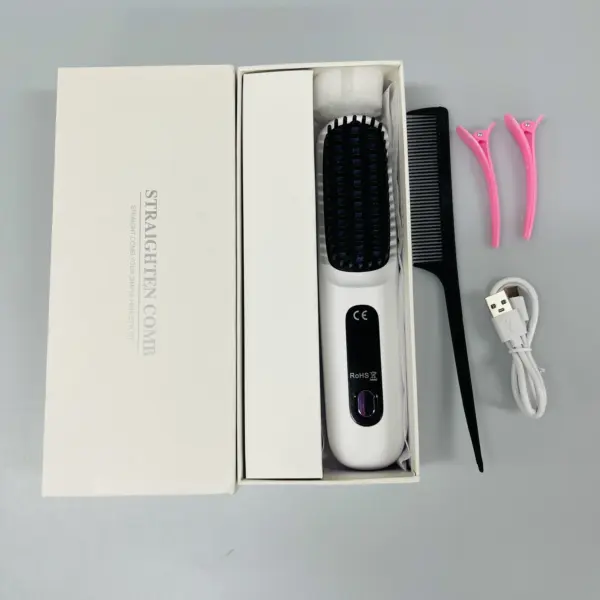 2025 3000mah Electric Cordless Comb Hair Style Brush LCD Portable Rechargeable Mini Hair Straightener Brush with 3 Temp Settings