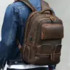 Custom LOGO Vintage Pure Cowhide Laptop Back Pack Bag With USB Charging Port Men Full Grain Genuine Cow Real Leather Backpack