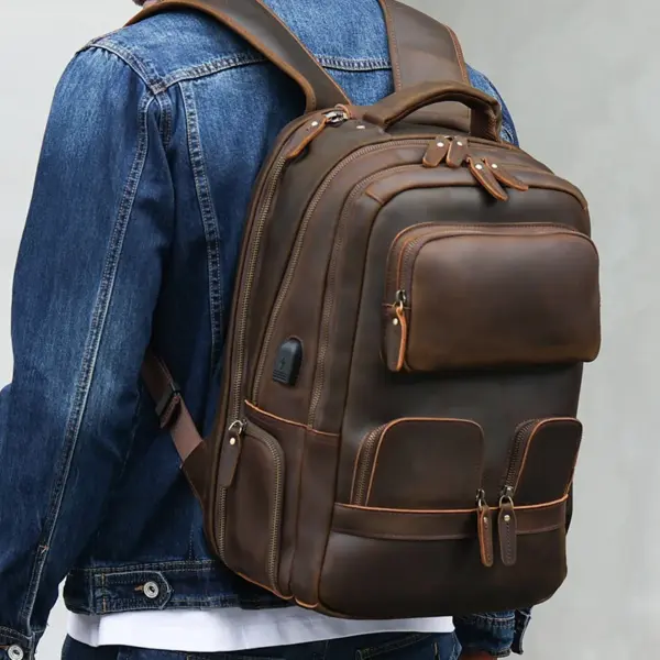 Custom LOGO Vintage Pure Cowhide Laptop Back Pack Bag With USB Charging Port Men Full Grain Genuine Cow Real Leather Backpack
