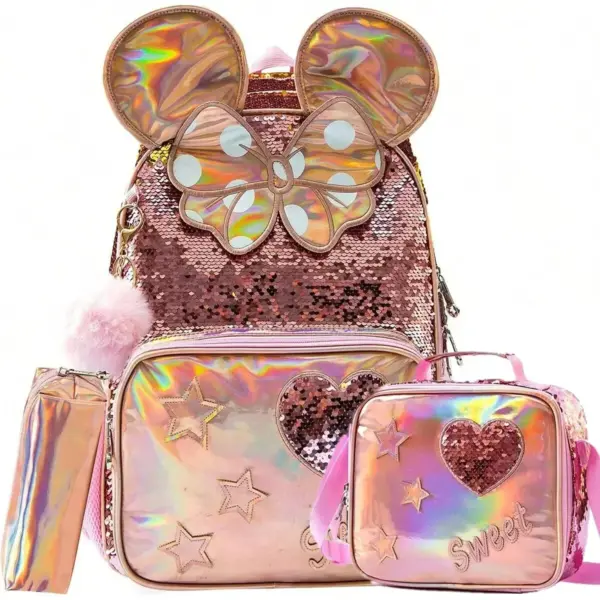 Dropshipping Backpack for Girls Kids Schoolbag Set with Lunch Bag  for Elementary Students Travel Sequin Primary School Backpack