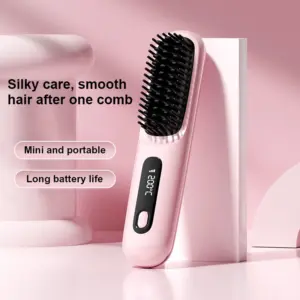 2025 3000mah Electric Cordless Comb Hair Style Brush LCD Portable Rechargeable Mini Hair Straightener Brush with 3 Temp Settings