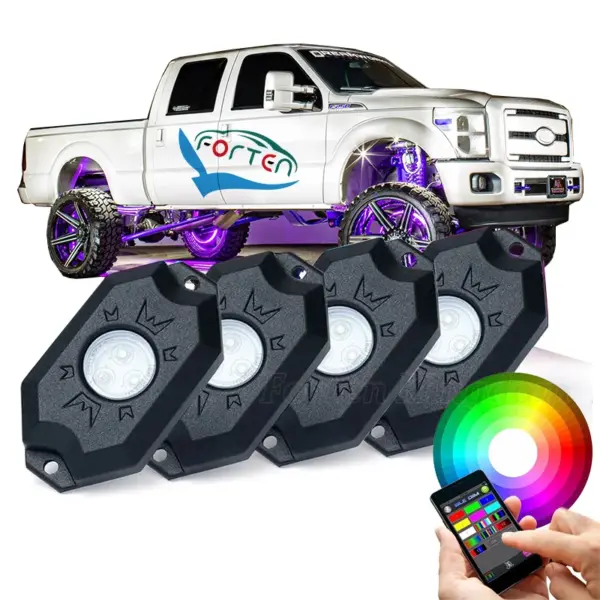 RGB Rock Light Kit 4 Pods IP68 App Sync Remote Control LED Light Kit for Car UTV ATV Road Truck Wrangler Uttermost Convenience