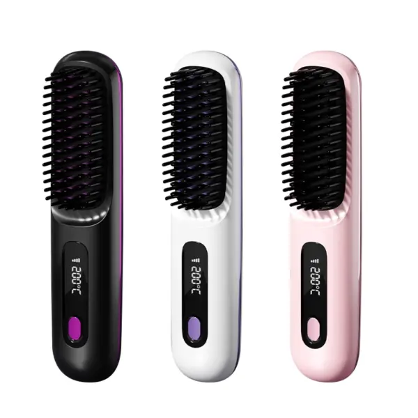 2025 3000mah Electric Cordless Comb Hair Style Brush LCD Portable Rechargeable Mini Hair Straightener Brush with 3 Temp Settings