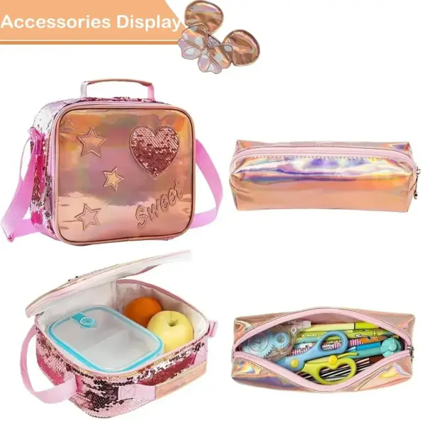 Dropshipping Backpack for Girls Kids Schoolbag Set with Lunch Bag  for Elementary Students Travel Sequin Primary School Backpack