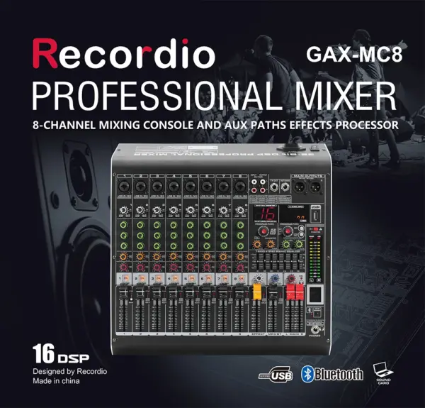 GAX-MC8 8 Channel Blueteeth Mixer 24 Bit DSP Digital Effect Sound Mixing Console Equipment USB 48V DJ Mixing Studio Equipment