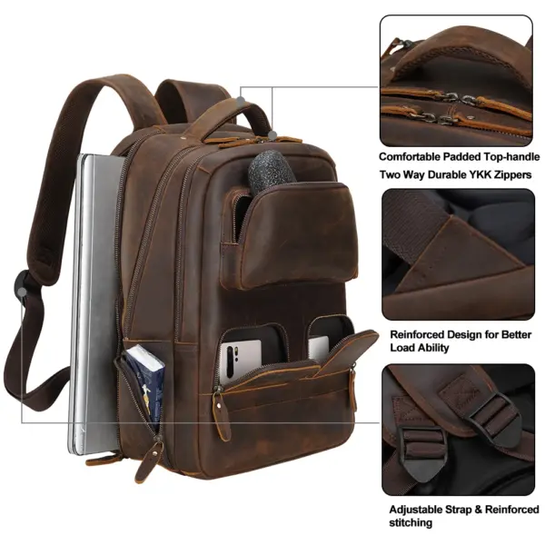 Custom LOGO Vintage Pure Cowhide Laptop Back Pack Bag With USB Charging Port Men Full Grain Genuine Cow Real Leather Backpack