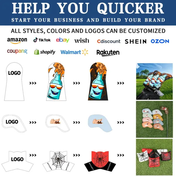 OEM Custom Logo Manufacturer Wholesale Driver Club Accessories Head Covers Embroidery Black Premium Golf PU Leather Headcover
