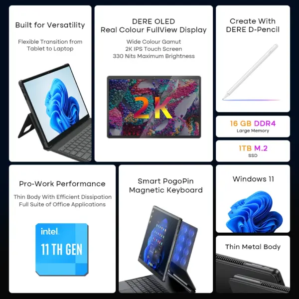 New Arrival 13 Inch Intel Celeron 11Th Gen Touch Screen Metal Student Education Office Windows 11 2 in 1 Tablet Laptop With Pen